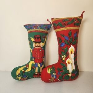 Vintage Stuffed Stocking Pillow Lot of 2 Candle Nutcracker 80s Kitsch Christmas
